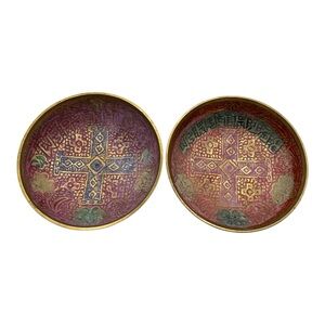 Pair of 2.75” Vintage Brass Bowls with Jerusalem‎ Cross Design